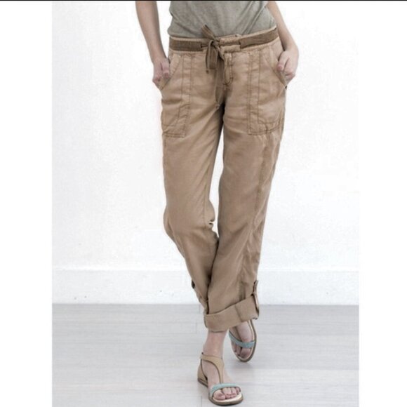 Anthropologie Marrakech Charlotte Tencel Linen Pants Tan Tab Roll Sz 27 NWOT - Picture 1 of 10
